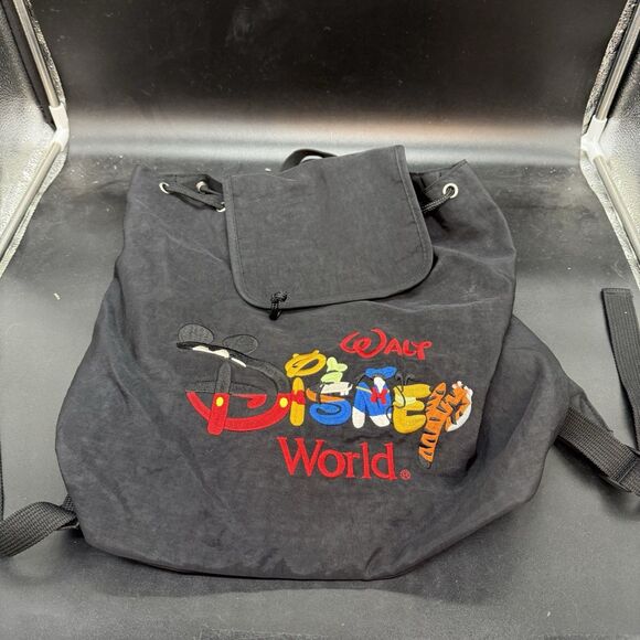 Vintage Walt Disney World Black Drawstring Embroidered Tote Book bag Backpack - Picture 1 of 4
